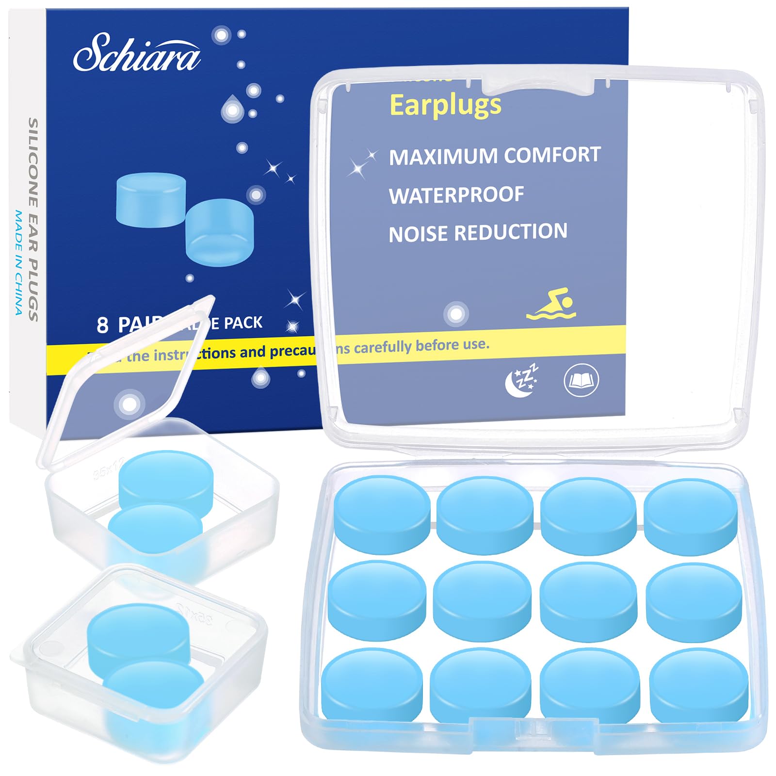 Schiara Ear Plugs for Sleeping 8 Pair(16 Pieces) Moldable Noise Cancelling Silicone Earplugs for Swimming Snoring Sleep and Studying